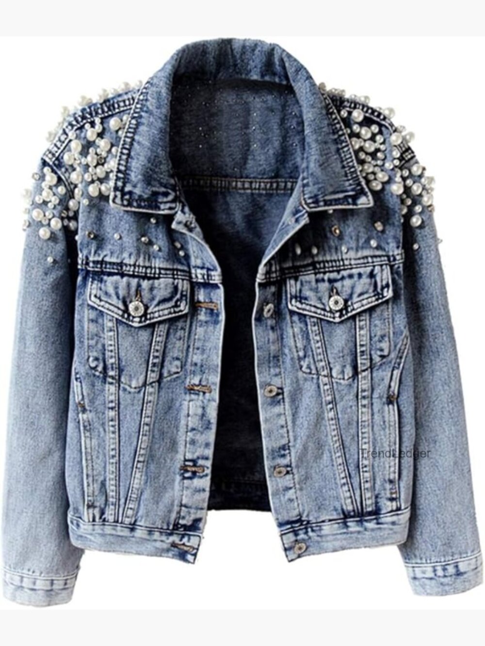 Women's Embroidered Pearl Rivet Short Denim Jacket Trucker Coat